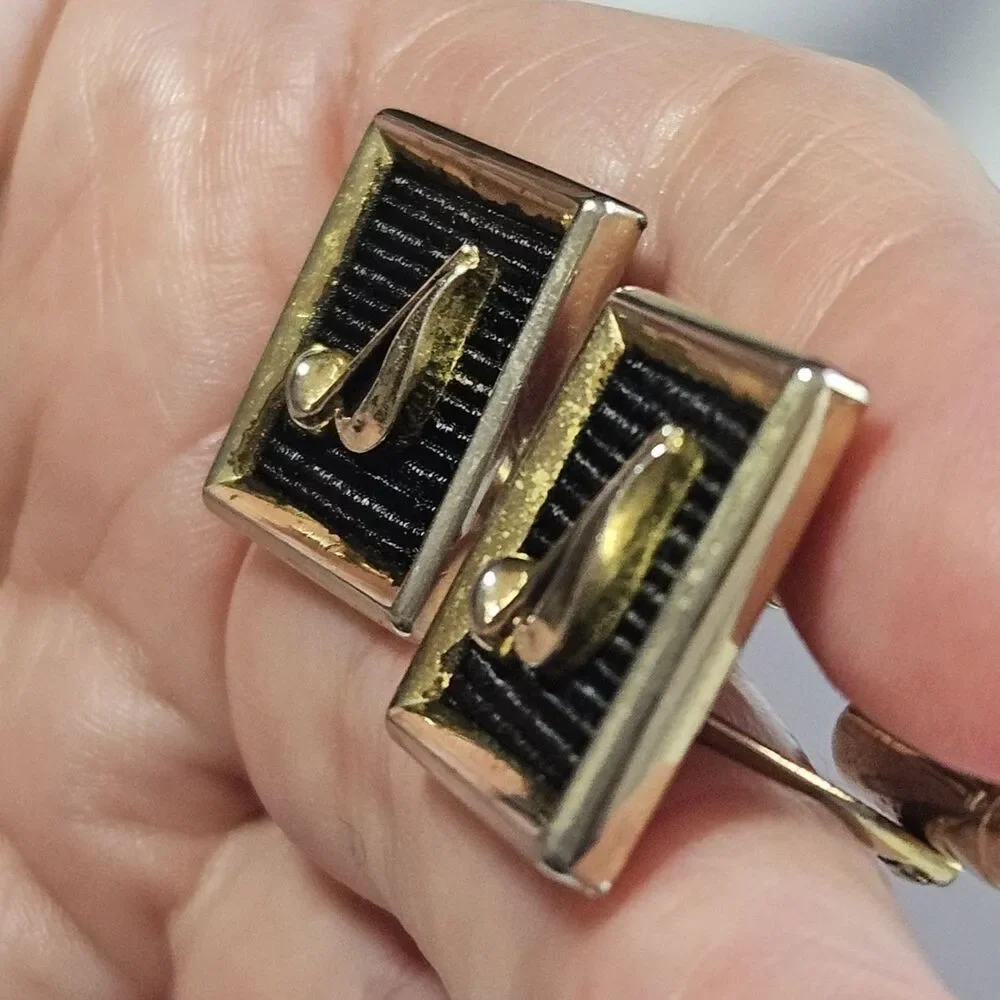Gold Tone Black Vintage 1960's Signed Anson Musical Note Cuff Links
